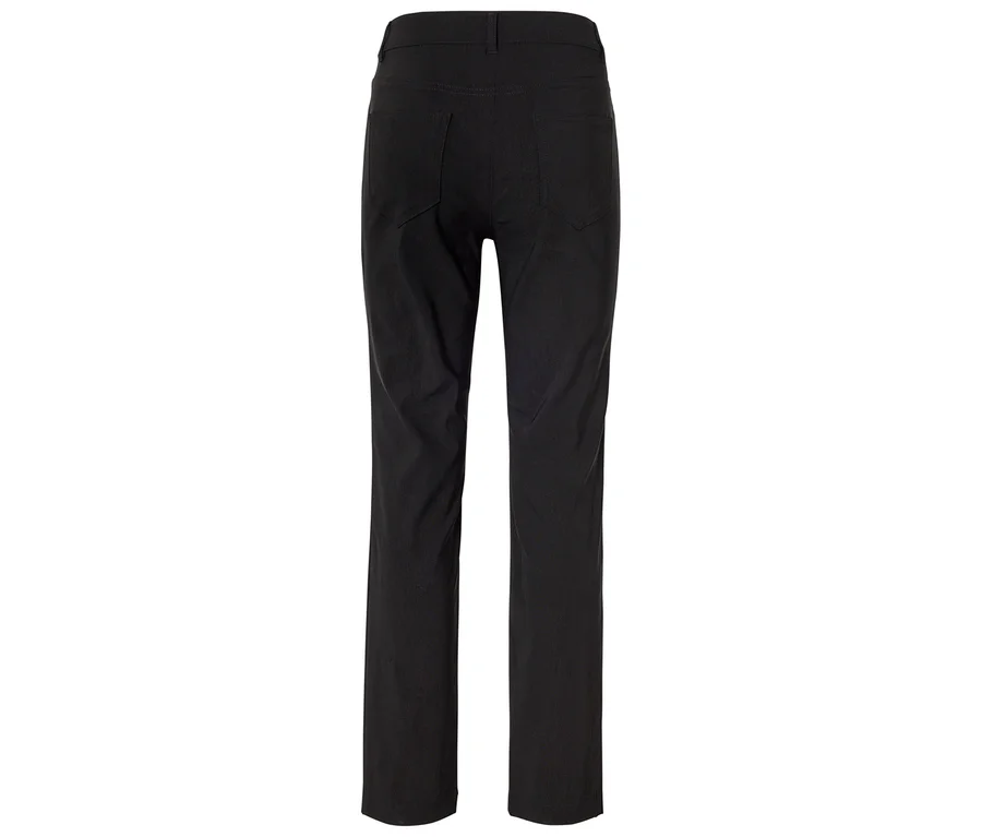 Pantalon noir à jambes droites avec poches arrière.