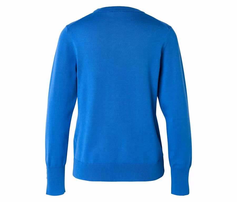 Vue arrière d'un pull bleu à manches longues et à col rond sur fond blanc.