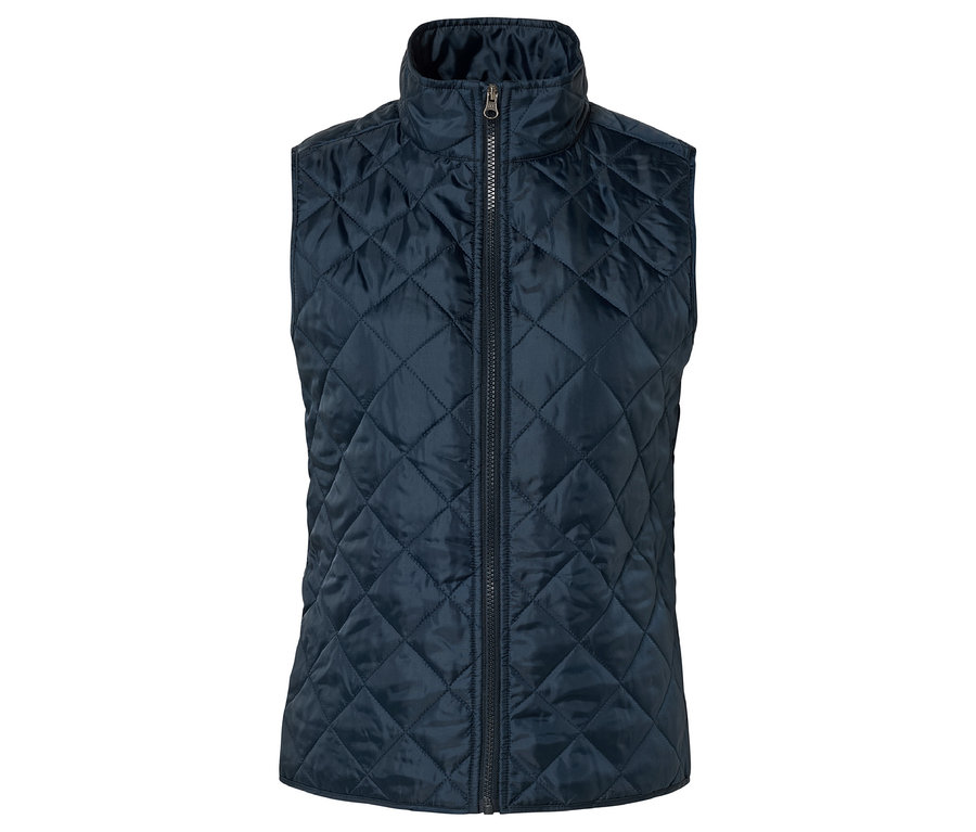 Gilet matelassé bleu marine avec fermeture éclair intégrale et col montant.