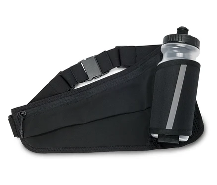 Sac banane noir avec fermeture éclair et sangle réglable, comprenant une bouteille d'eau transparente dans une poche latérale.
