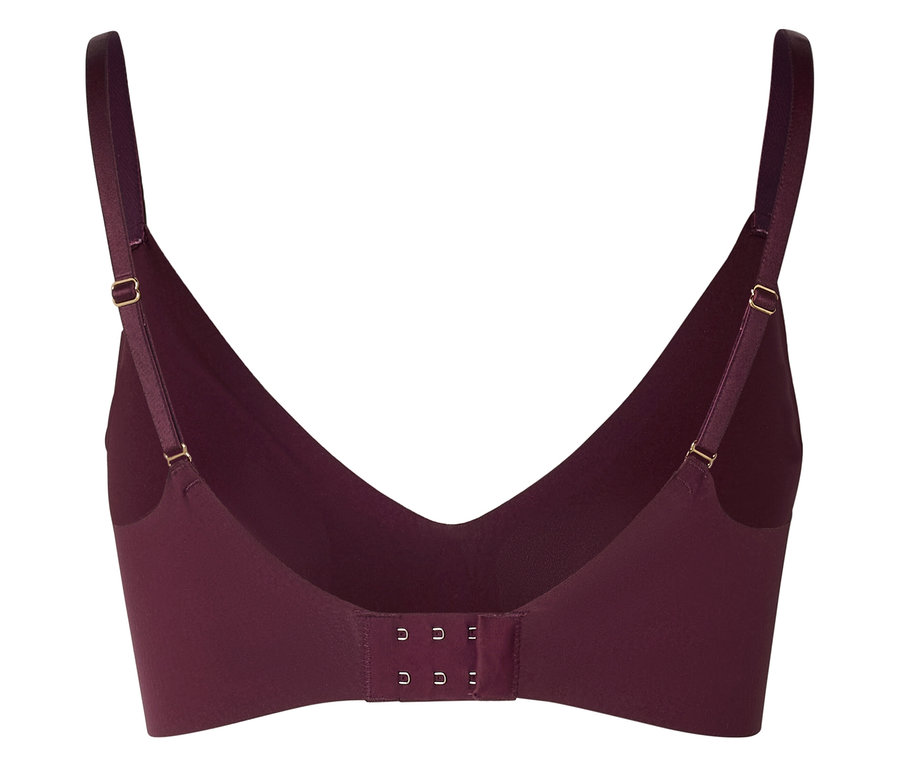 Vue arrière d'un soutien-gorge bordeaux avec bretelles réglables et fermeture à agrafes.
