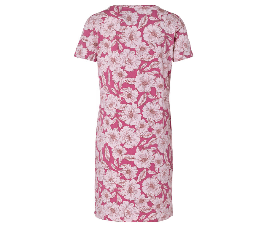 Vue arrière d'une robe rose à manches courtes avec un motif floral blanc.