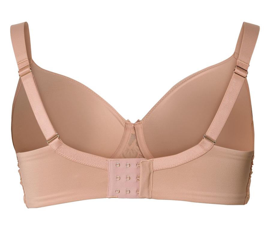 Vue arrière d'un soutien-gorge couleur chair avec bretelles réglables et fermeture à triple agrafe.