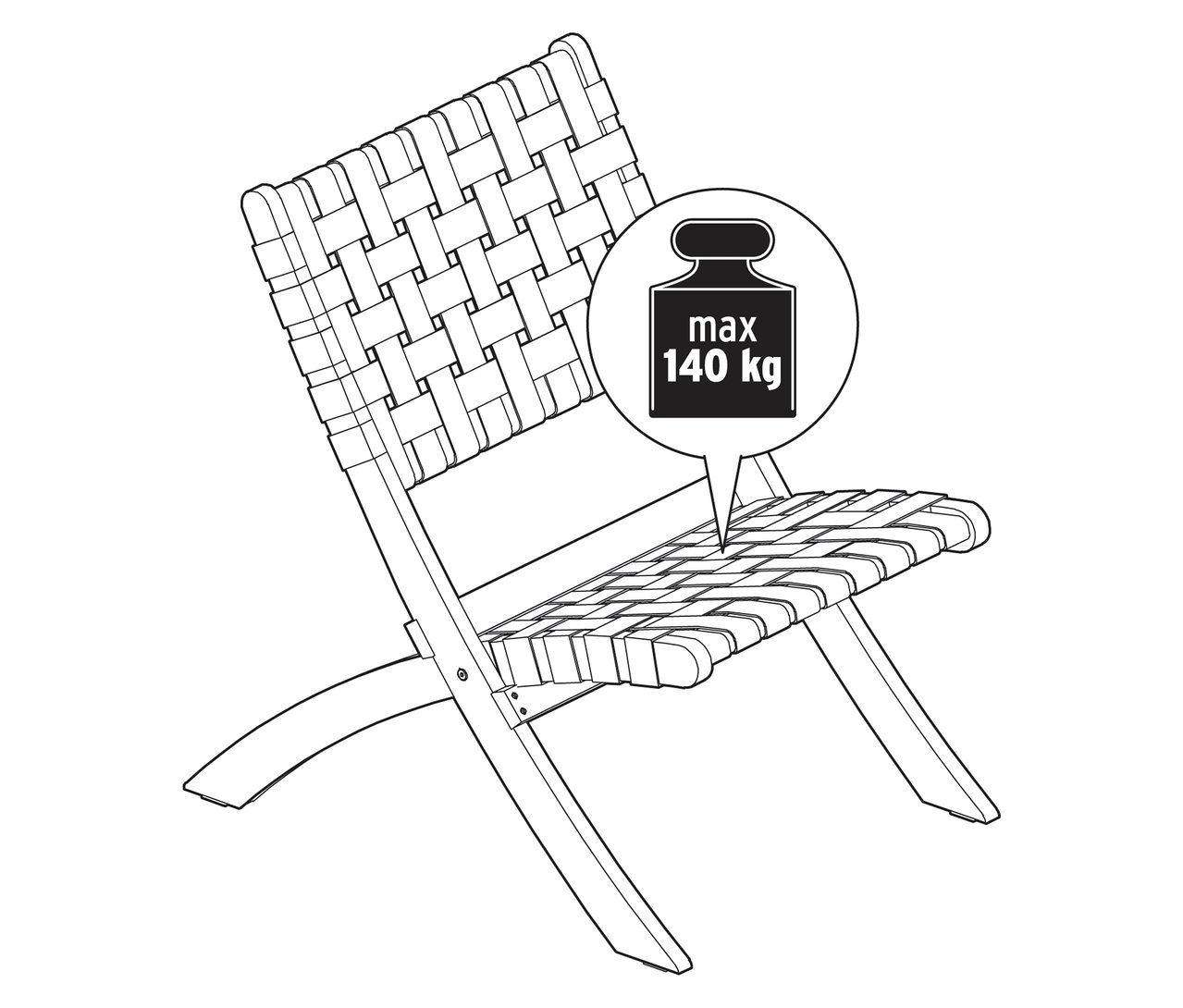 Illustration d'une chaise en osier avec une capacité de charge maximale de 140 kg.