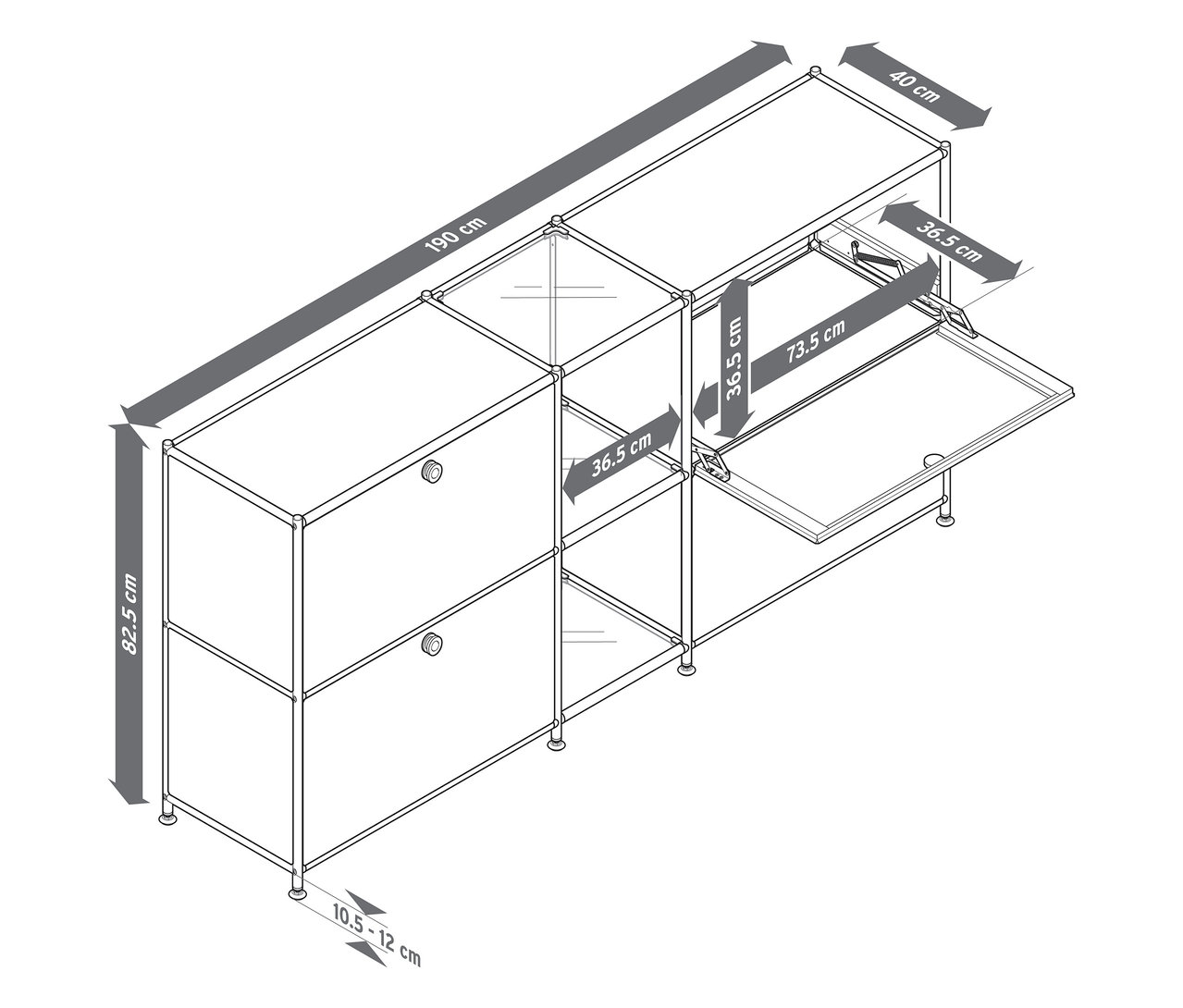 Vue de dessus d'un buffet en métal « CN3 » à 4 abattants de différentes couleurs et dimensions.
