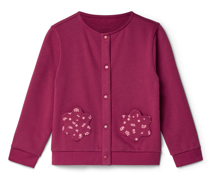 Gilet magenta à cinq boutons avec deux poches plaquées en forme de fleur à motif floral.