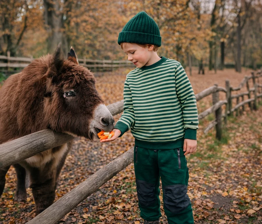 Un jeune garçon en pull rayé vert et bonnet vert nourrit un âne brun avec des carottes par-dessus une clôture en bois, dans un décor automnal.