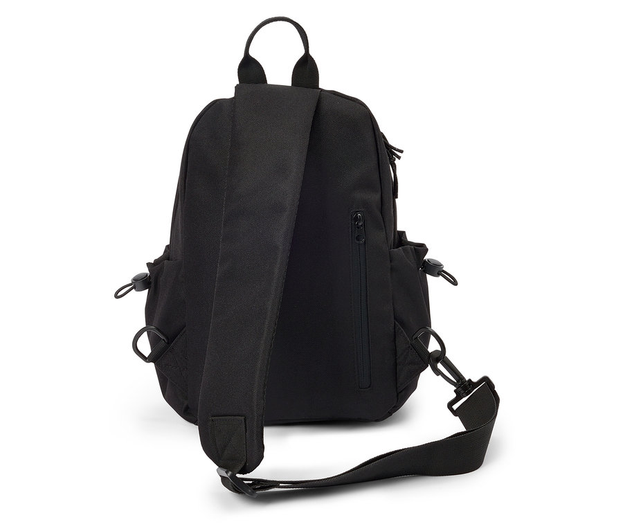 Vue arrière d'un sac à dos noir avec une seule bretelle.