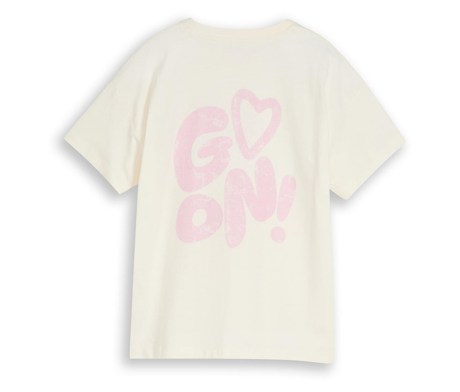 T-shirt blanc Tom Tailor avec imprimé « GO <cœur> ON ! » au dos.