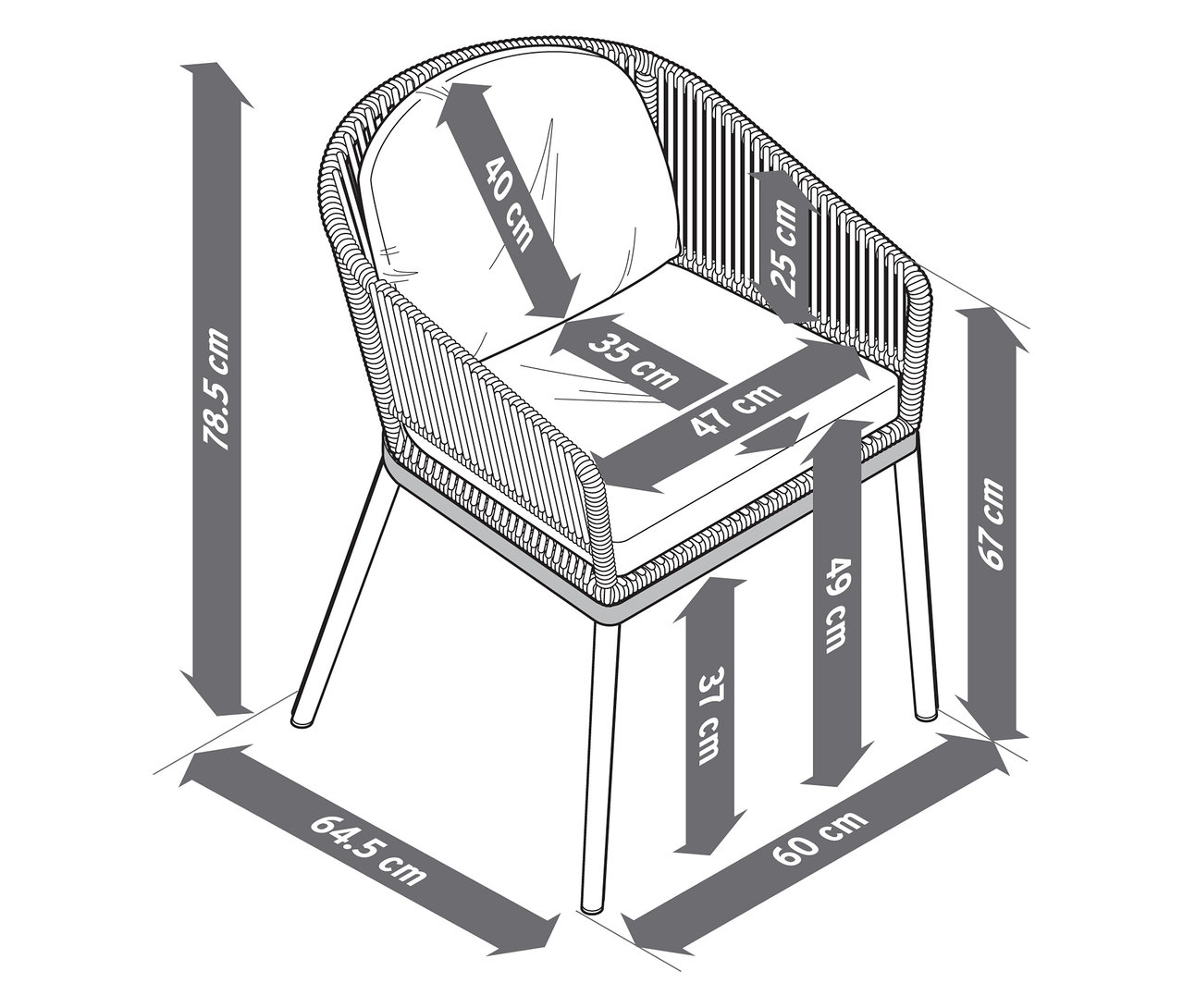 Illustration d'une chaise de jardin avec un tressage textile et des dimensions.