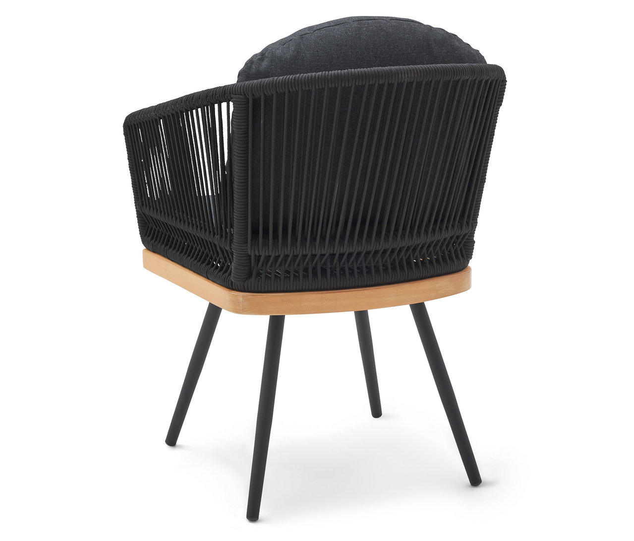 Chaise de jardin pivotante avec tressage textile en noir et bois naturel.