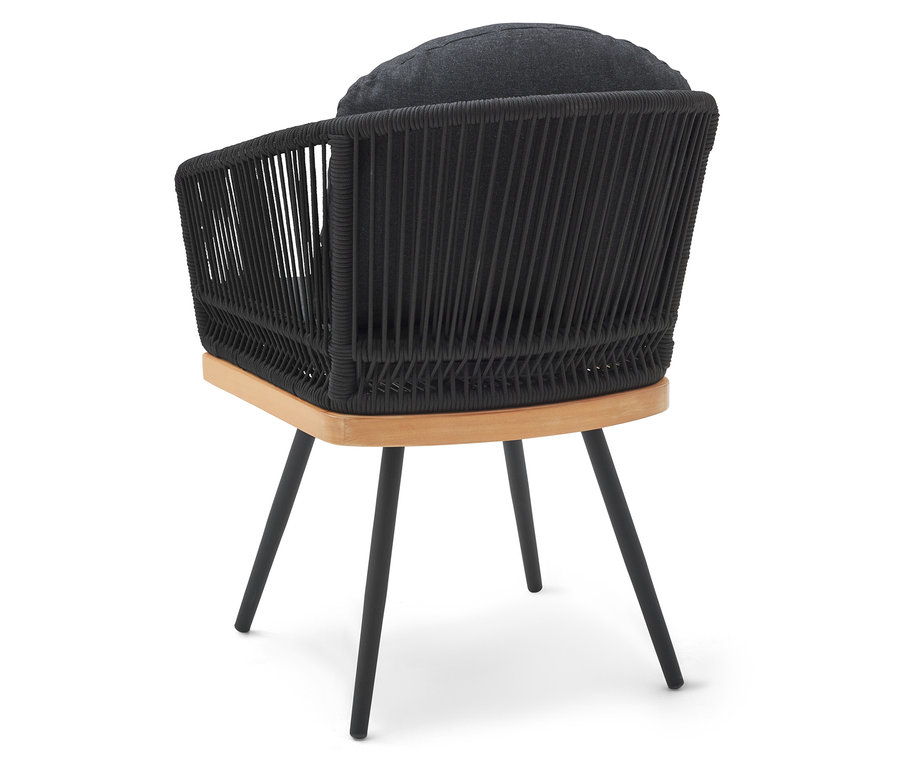 Chaise de jardin pivotante avec tressage textile en noir et bois naturel.