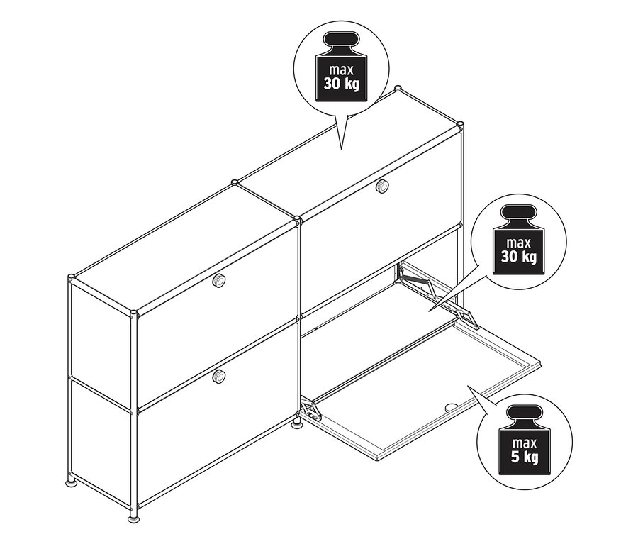 Dessin au trait noir et blanc d'une armoire modulaire avec porte ouverte et informations sur le poids.
