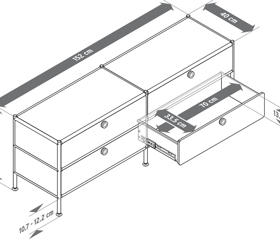 Vue de dessus d'une armoire blanche avec des tiroirs, dont un est ouvert, avec des dimensions indiquées en cm.