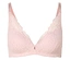 Soutien-gorge rose en dentelle sur fond blanc.