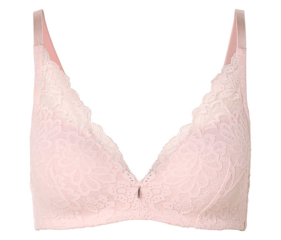 Soutien-gorge rose en dentelle sur fond blanc.