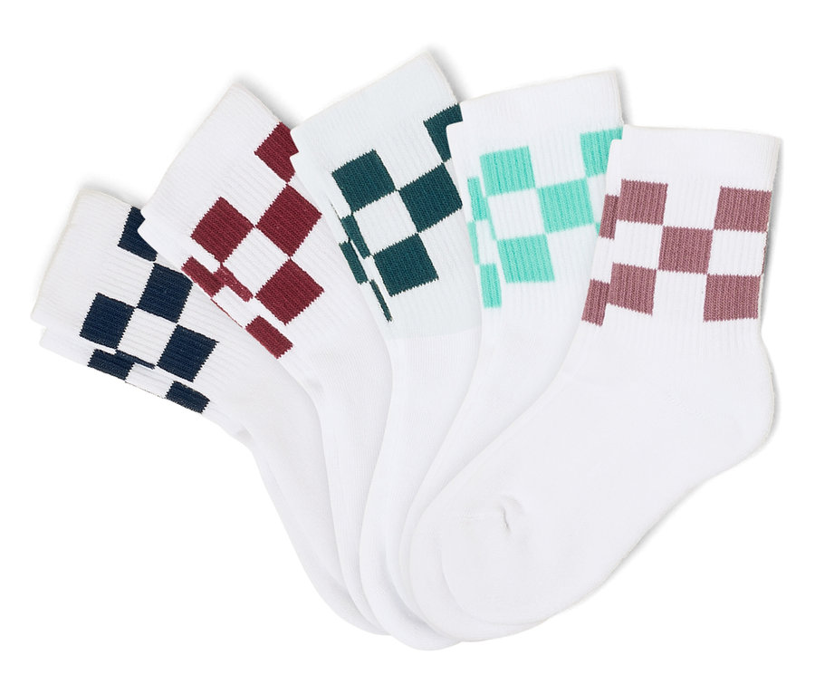 Cinq chaussettes blanches à carreaux bleu marine, bordeaux, vert foncé, turquoise et violet sont placées côte à côte.