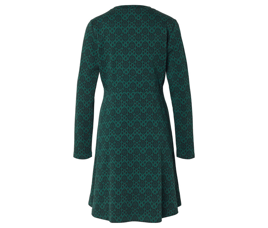 Vue arrière d'une robe verte à motifs avec des manches longues.