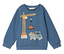 Sweat-shirt bleu avec des motifs de grue, de briques et de camion.