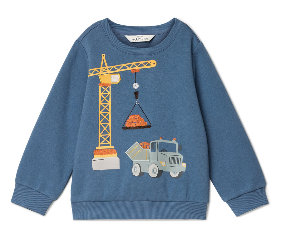 Sweat-shirt bleu avec des motifs de grue, de briques et de camion.