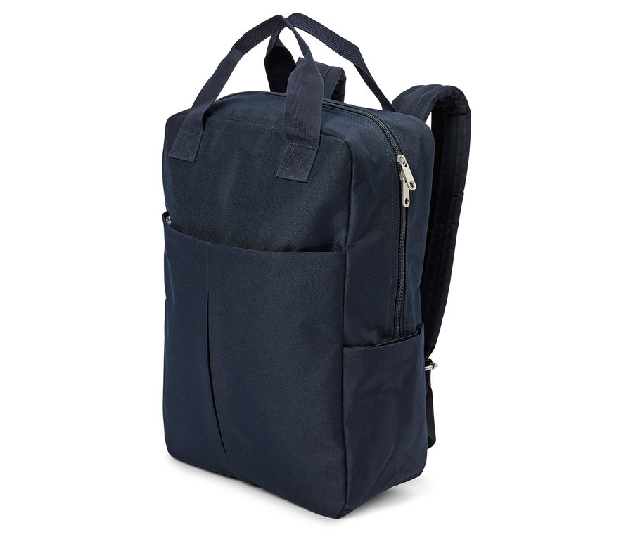 Sac à dos bleu marine avec poignées et fermetures éclair.
