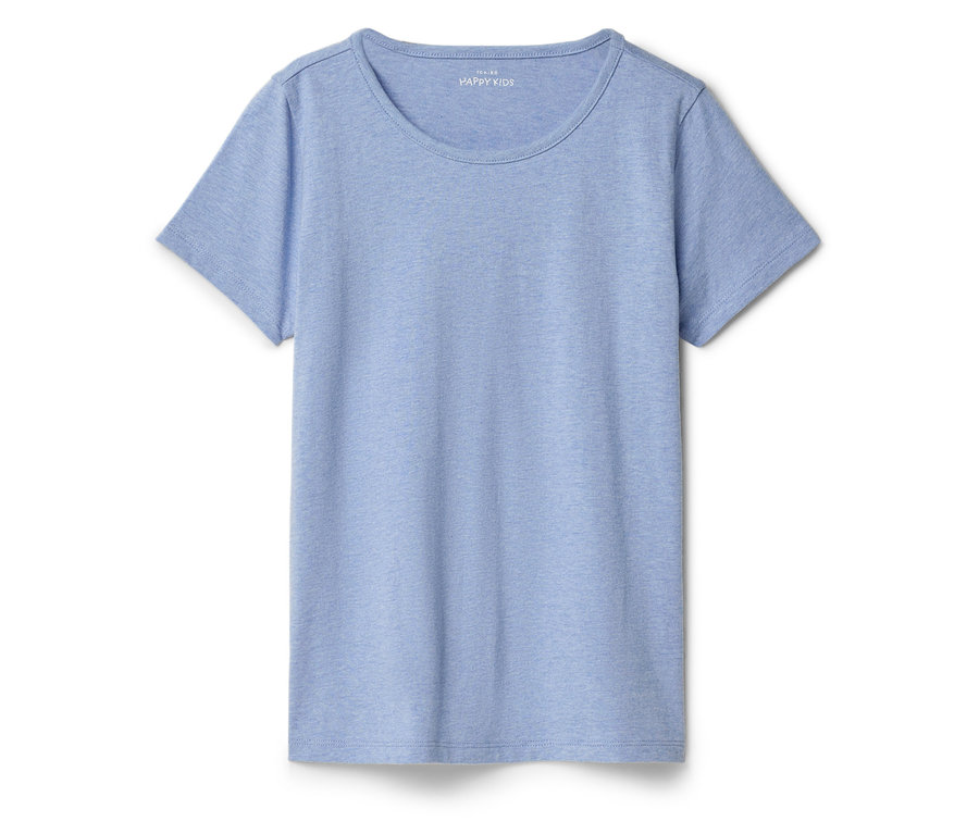 T-shirt bleu clair à manches courtes et col rond, posé à plat sur un fond blanc.