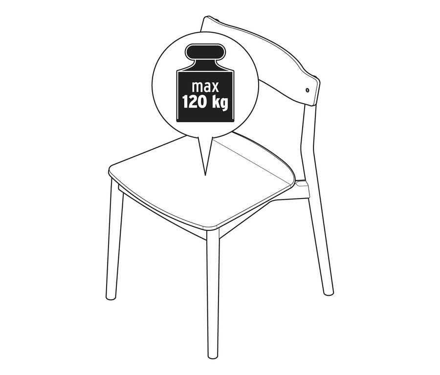 Dessin au trait d'une chaise avec une bulle de dialogue pointant vers l'assise, indiquant une capacité de poids maximale de 120 kg.