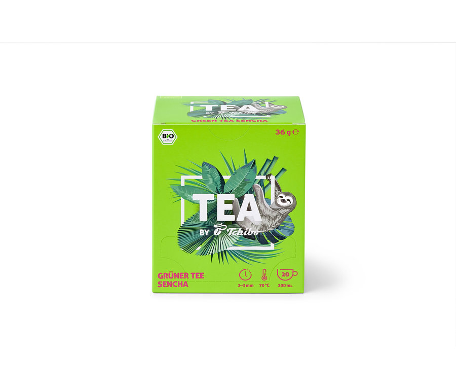 Paquet de thé vert BIO TEA by Tchibo Sencha 8x20x1,8g avec un paresseux.