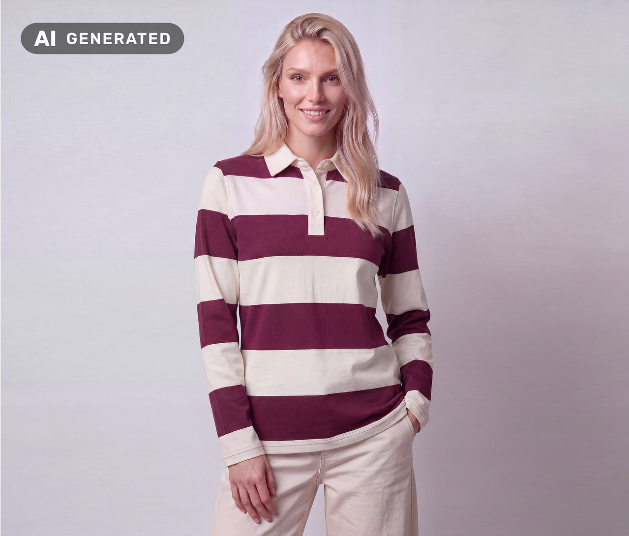 Femme blonde souriante portant un t-shirt de rugby rayé bordeaux et crème à manches longues et un pantalon clair. Sa main droite est dans sa poche.