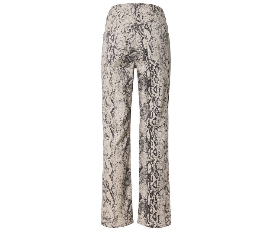 Vue de dos d'un pantalon taille haute à jambes droites avec un motif peau de serpent beige et gris foncé.