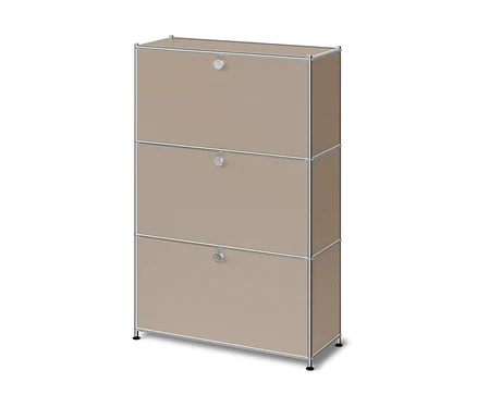 Commode métallique taupe »CN3 Slim Line« avec 3 compartiments basculants et cadre argenté.