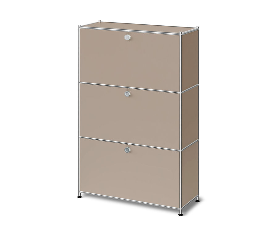 Commode métallique taupe »CN3 Slim Line« avec 3 compartiments basculants et cadre argenté.