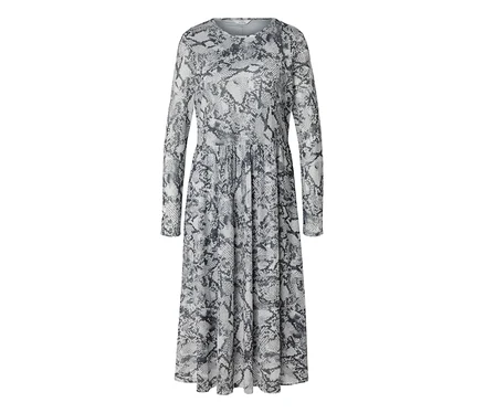 Robe midi à manches longues, col rond et motif peau de serpent gris. La jupe est froncée à la taille.