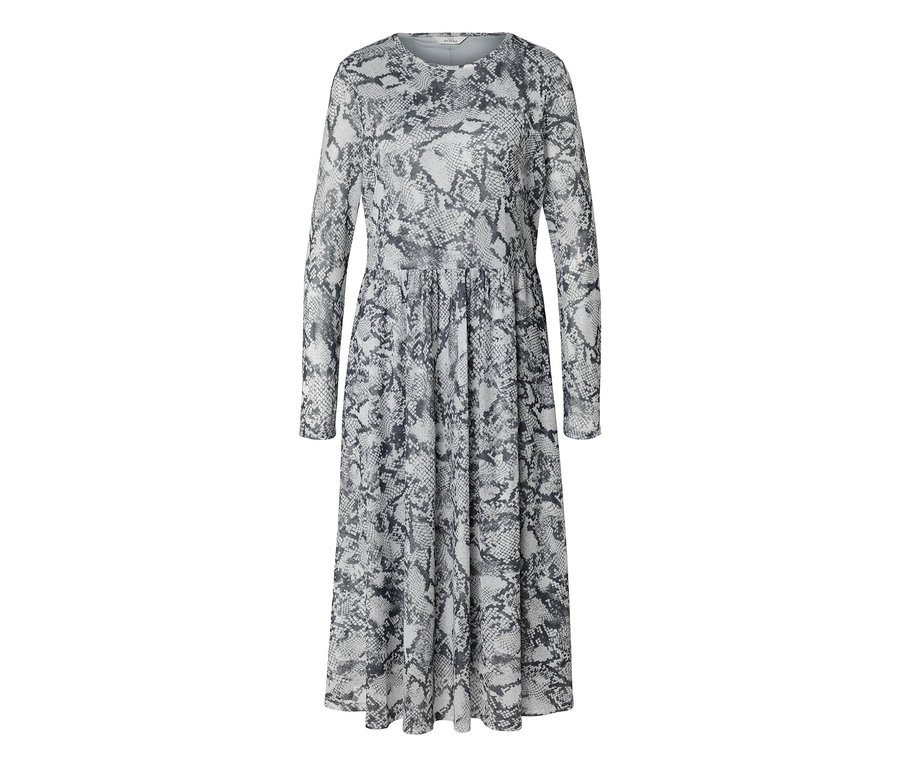 Robe midi à manches longues, col rond et motif peau de serpent gris. La jupe est froncée à la taille.