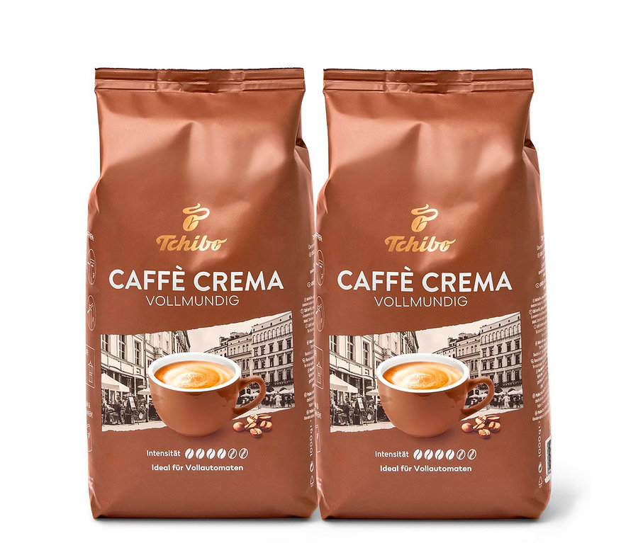 Deux paquets de Caffè Crema Vollmundig (intense) en grains – 2x 1 kg de Tchibo.