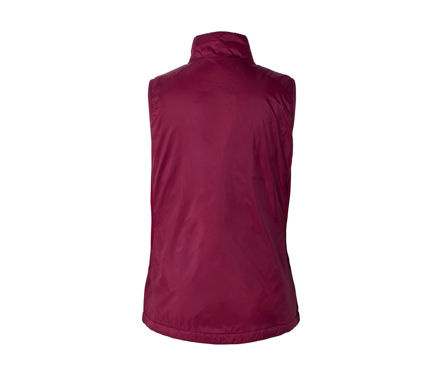 Gilet bordeaux vu de dos, avec un col montant et un ourlet légèrement froncé.