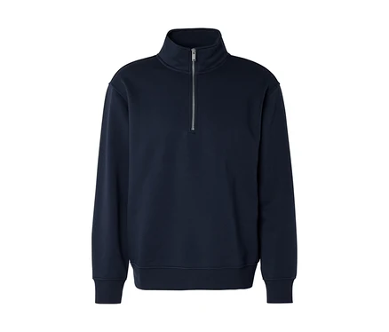 Sweat-shirt bleu marine avec col montant et fermeture éclair quart de zip argentée.