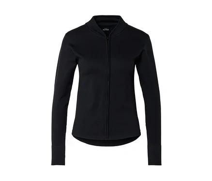 Veste noire avec fermeture éclair intégrale, col montant et manches longues.