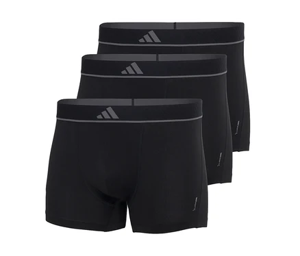 Trois boxers noirs empilés et légèrement décalés, chacun avec une ceinture gris foncé ornée d'un logo Adidas gris et d'une fine bande grise. Le texte « CLIMACOOL » est visible sur le côté de chaque boxer.
