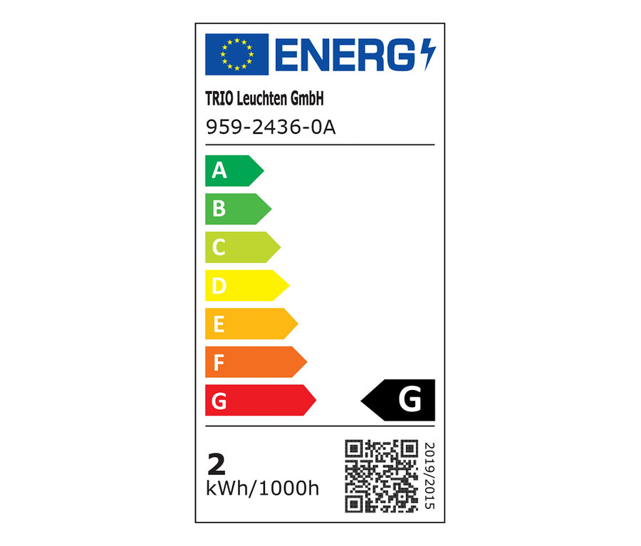 Étiquette énergétique de TRIO Leuchten GmbH, 959-2436-0A, avec classe d'efficacité énergétique G et consommation de 2 kWh/1000h.