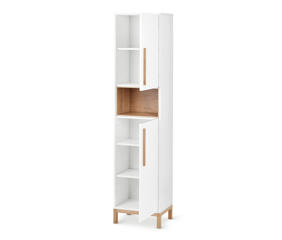 Armoire haute de salle de bain «Eklund» blanche avec portes ouvertes et détails en bois.