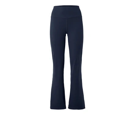 Pantalon de yoga bleu marine évasé à taille haute sur fond blanc.