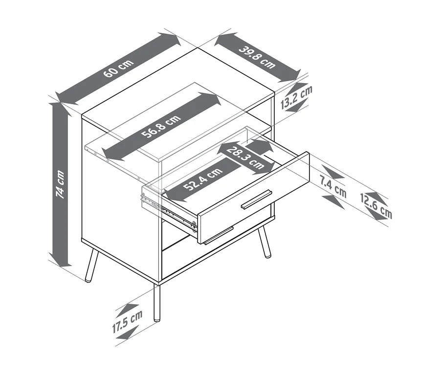 Dessin au trait d'une commode à trois tiroirs, dont un partiellement ouvert, montrant ses dimensions. La commode mesure 60 cm de large, 39,8 cm de profondeur et 74 cm de haut. Le tiroir ouvert mesure 52,4 cm de large et 28,3 cm de profondeur.