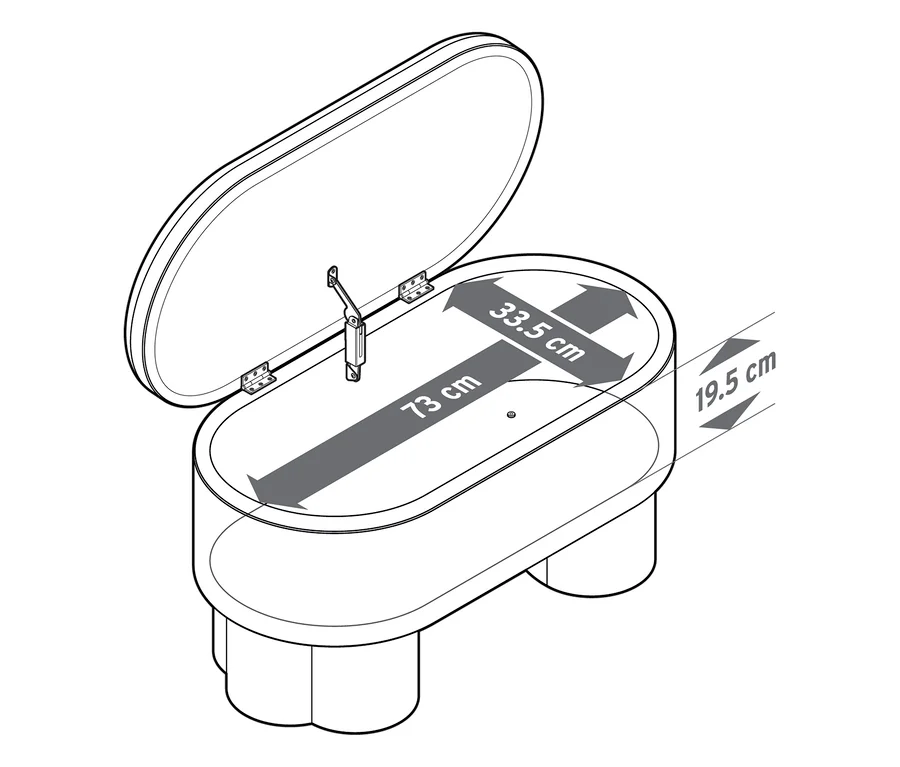 Banquette de rangement en matière bouclée: Dessin au trait d'une banquette de rangement ovale en matière bouclée avec son couvercle ouvert, montrant les dimensions intérieures de 73 cm de long, 33,5 cm de large et 19,5 cm de profondeur.