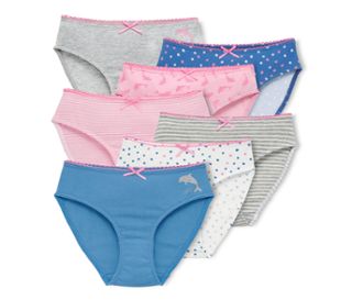 1 bleu avec motif de dauphin, 1 blanc avec imprimé intégral multicolore à pois, 1 gris-blanc à rayures, 1x rose-blanc à rayures, 1 rose avec imprimé intégral de dauphins, 1 bleu avec imprimé intégral multicolore à pois, 1 gris avec motif de dauphin