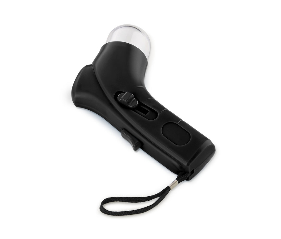 Lanceur d'aliments pour animaux noir avec récipient transparent.