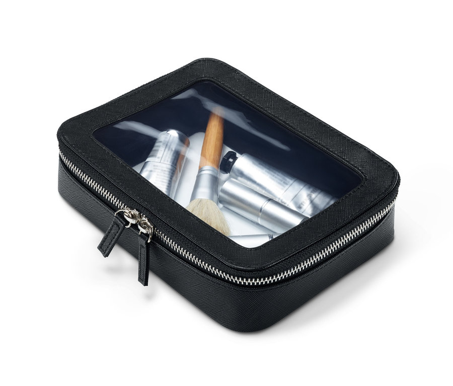 Trousse de rangement noire avec dessus transparent et fermeture éclair argentée.