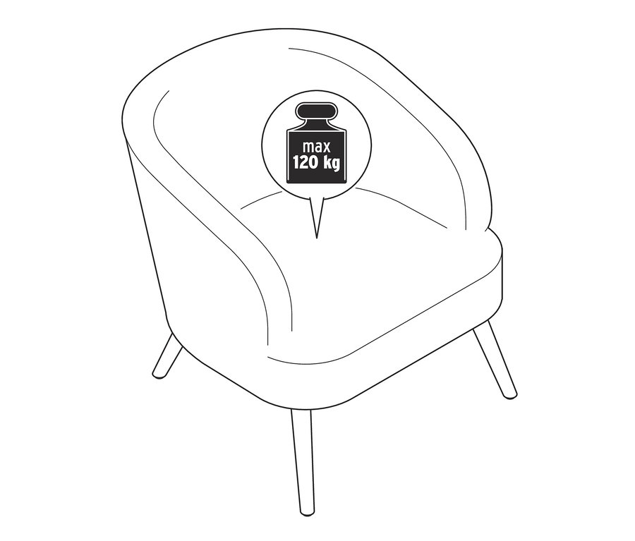 Schéma d'un fauteuil en peluche / Fauteuil bouclette avec pieds en bois et une capacité de charge maximale de 120 kg.
