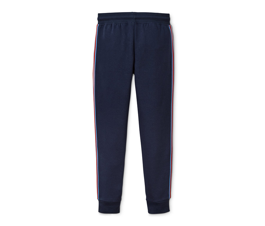 Pantalon de jogging bleu marine avec une bande rouge et bleue sur le côté.