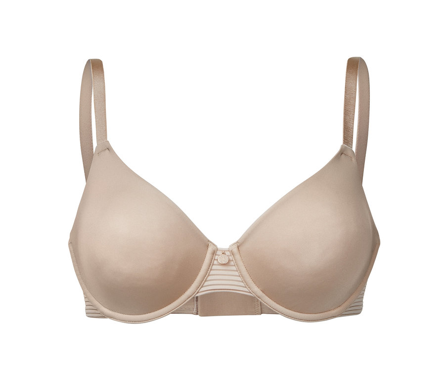 Soutien-gorge à armatures beige sur fond blanc.